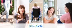 5 photos représentant des personnes allant chez le médecin (une personne avec un chien guide, une interprète en LSF, une personne en fauteuil face à un escalier, une fille trisomique et une femme à qui l'on prend sa tension) + le logo d'APF France Handicap + le logo Santé.fr