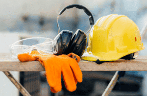 Sur un chantier, un casque, des gants et des protections auditives et visuelles sont posées sur un établi