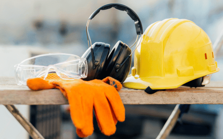 Sur un chantier, un casque, des gants et des protections auditives et visuelles sont posées sur un établi