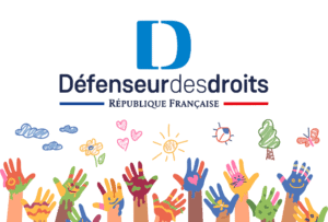 Logo du défenseur des droits, avec en dessous des mains d'enfants pleines de peinture et des dessins d'enfants autour