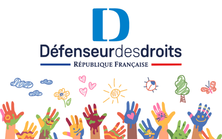 Logo du défenseur des droits, avec en dessous des mains d'enfants pleines de peinture et des dessins d'enfants autour